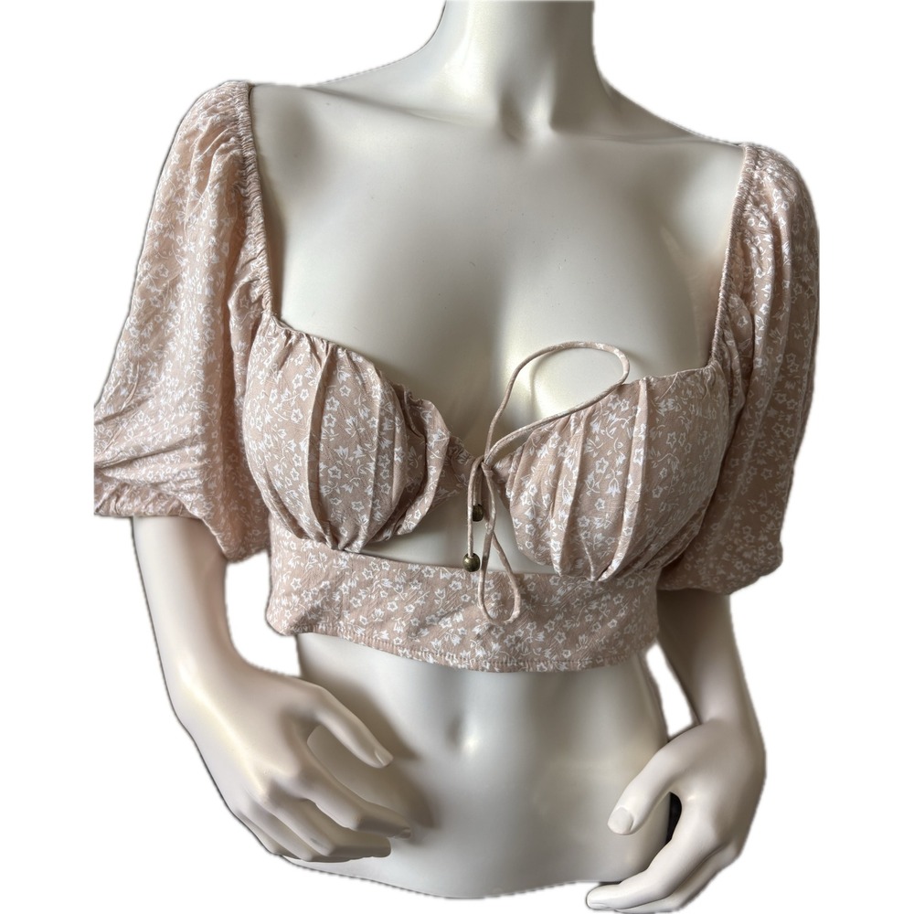 NWT Petal & Pup Floral Crop Top Puff Sleeve Tie Front Beige Women's Size L - Picture 8 of 13